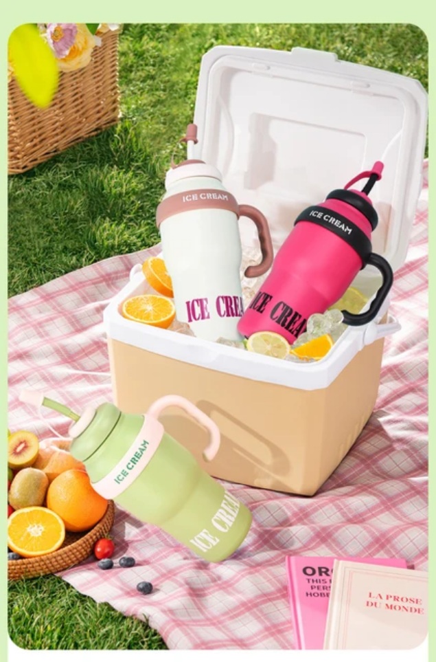 Ice Cream 1000ml SUS316 Insulated Travel Tumbler Mug with Straw